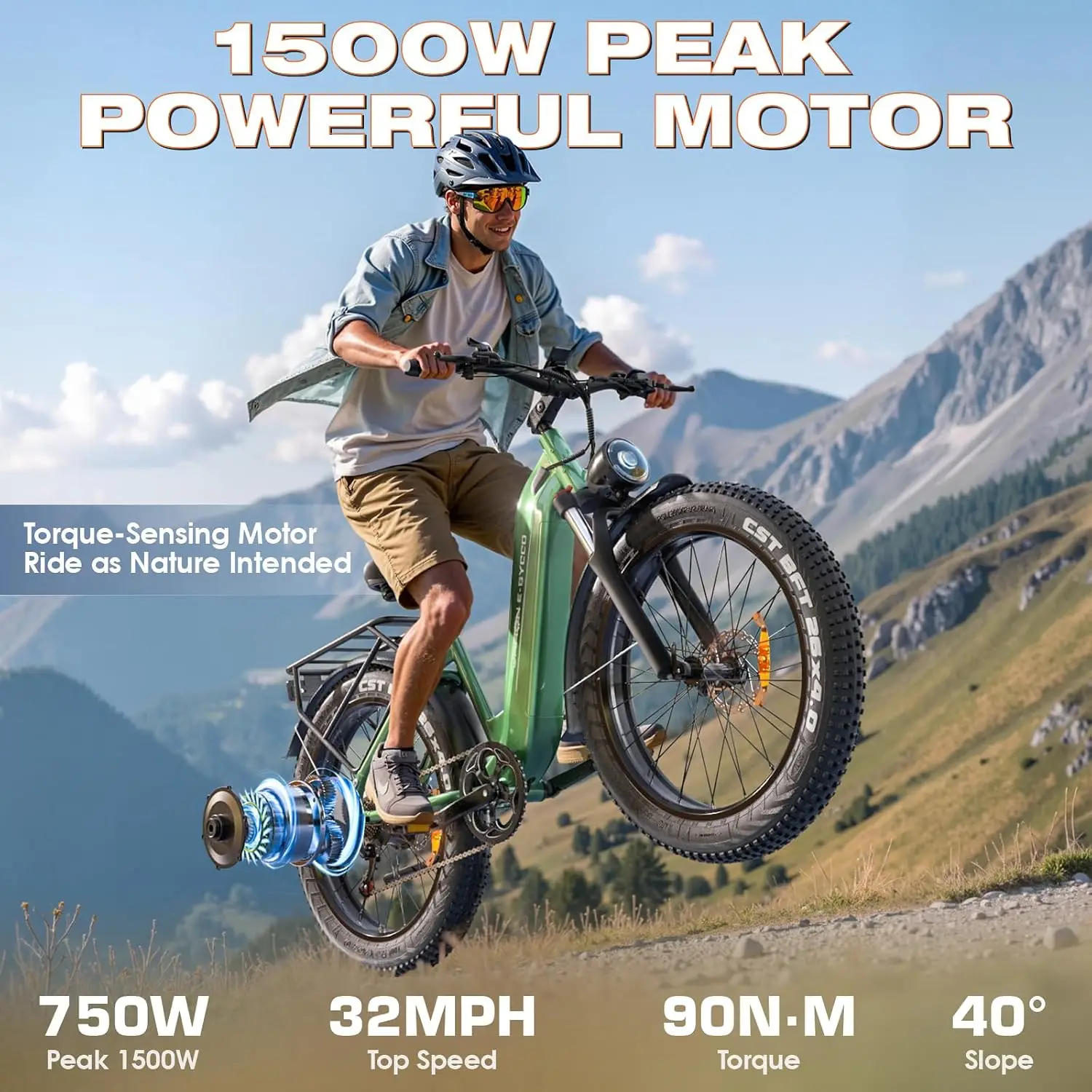 1500W 30+MPH Torque Sensor Ebike, 48V 20AH 95 Miles Hydraulic Brake 26'' Fat Tire Mountain Bicycle Adult Step Thru, Customized