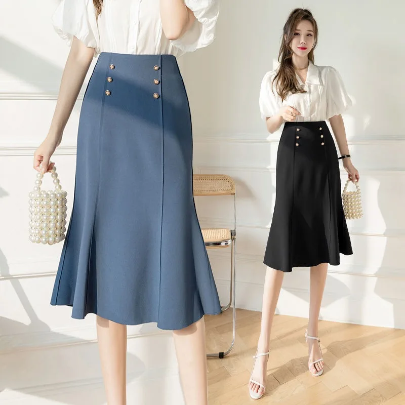 

New Korean Fashion Mermaid Skirt Women Summer Elegant High Waist Slim Buttons Solid Color Fishtail A-line Skirts Office Lady