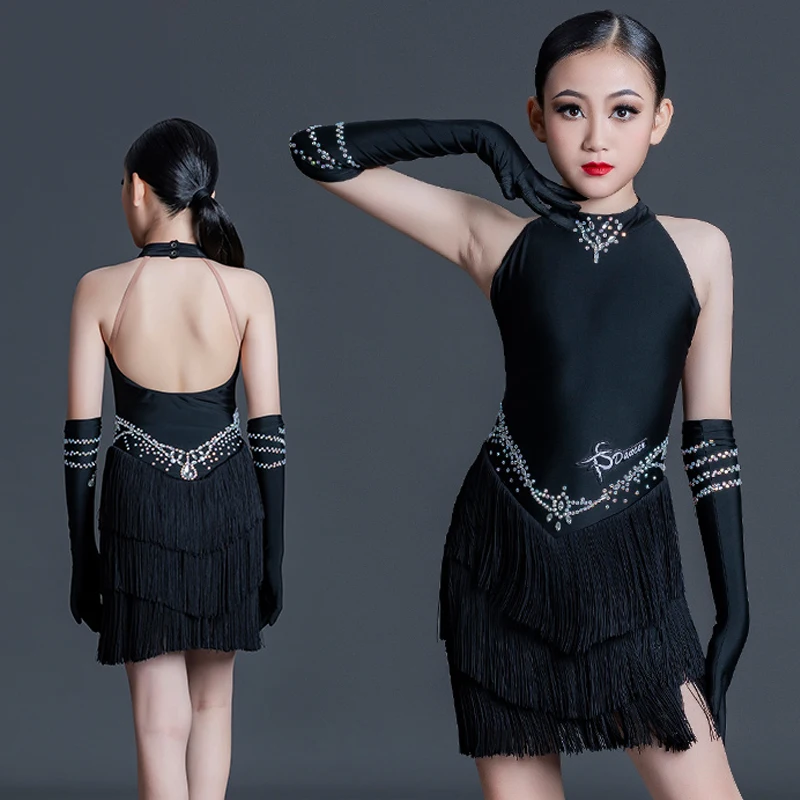 

Children Samba Salsa Tango Chacha Latin Dance Dresses Girls Black Sleeveless Latin Fringes Dress Stage Practice Clothes SL7646