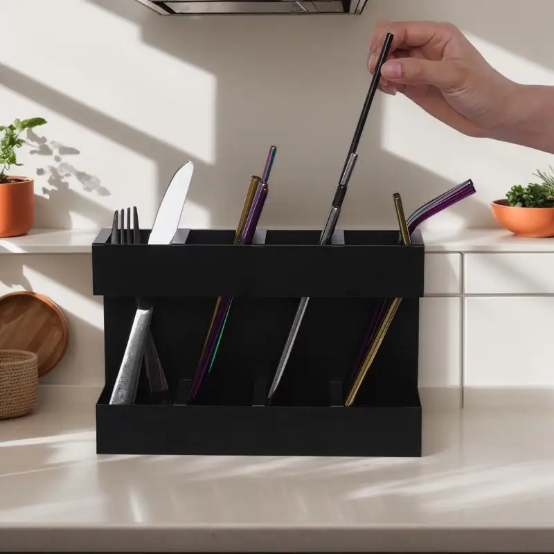 

Straw Holder 4 Grids Straw Storage Container Reusable Kitchen Supplies Large Capacity Cutlery Stand For Home Studio Restaurants