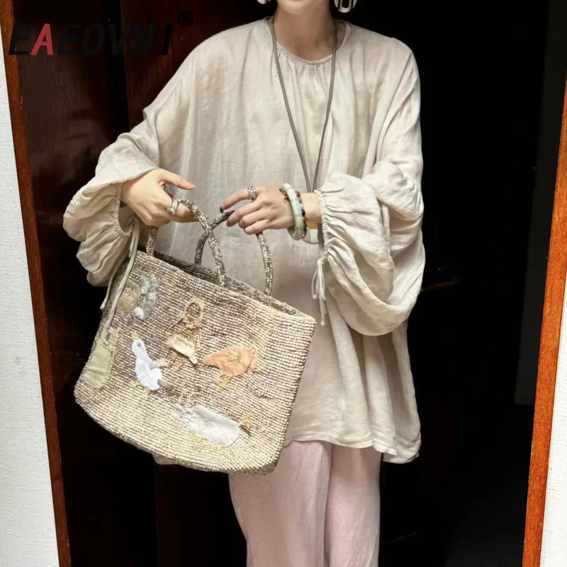 

EAEOVNI Causal Oversize Blouse Women O Neck Puff Sleeve Mesh Design Loose Solid Color Shirt Tops 2026 New Clothing