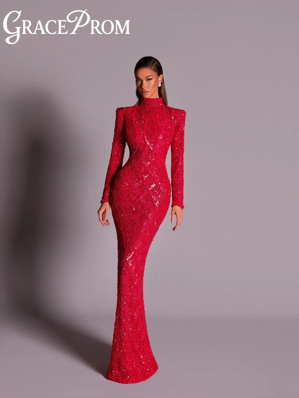 New Arrival Red Beaded Evening Dress Fashionable Backless Long Sleeve Wedding Party Gown Customized High Collar Prom Dresses