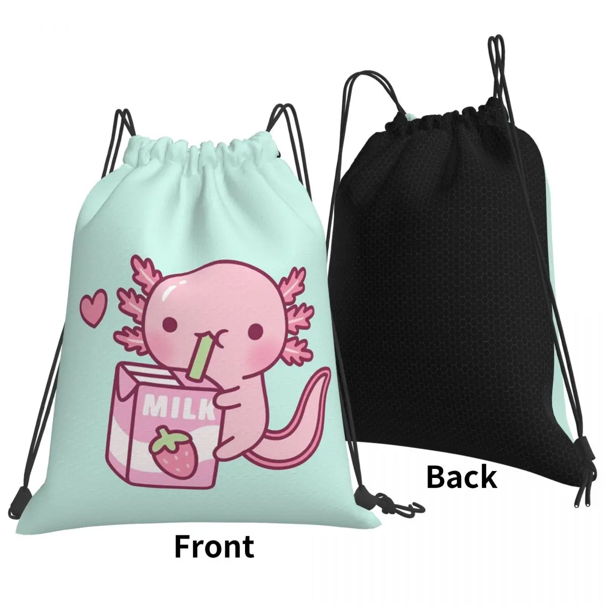 Cute Axolotl Loves Strawberry Milk Doodle Backpacks Casual Drawstring Bags Shoes Bag Book Bags for Travel Students