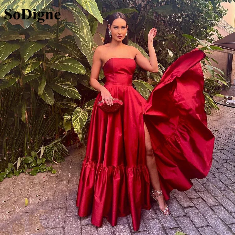 

SoDigne Red Modern Simple Evening Dress Sexy Side Split Prom Dresses Sweetheart Lady Formal Evening Party Gown