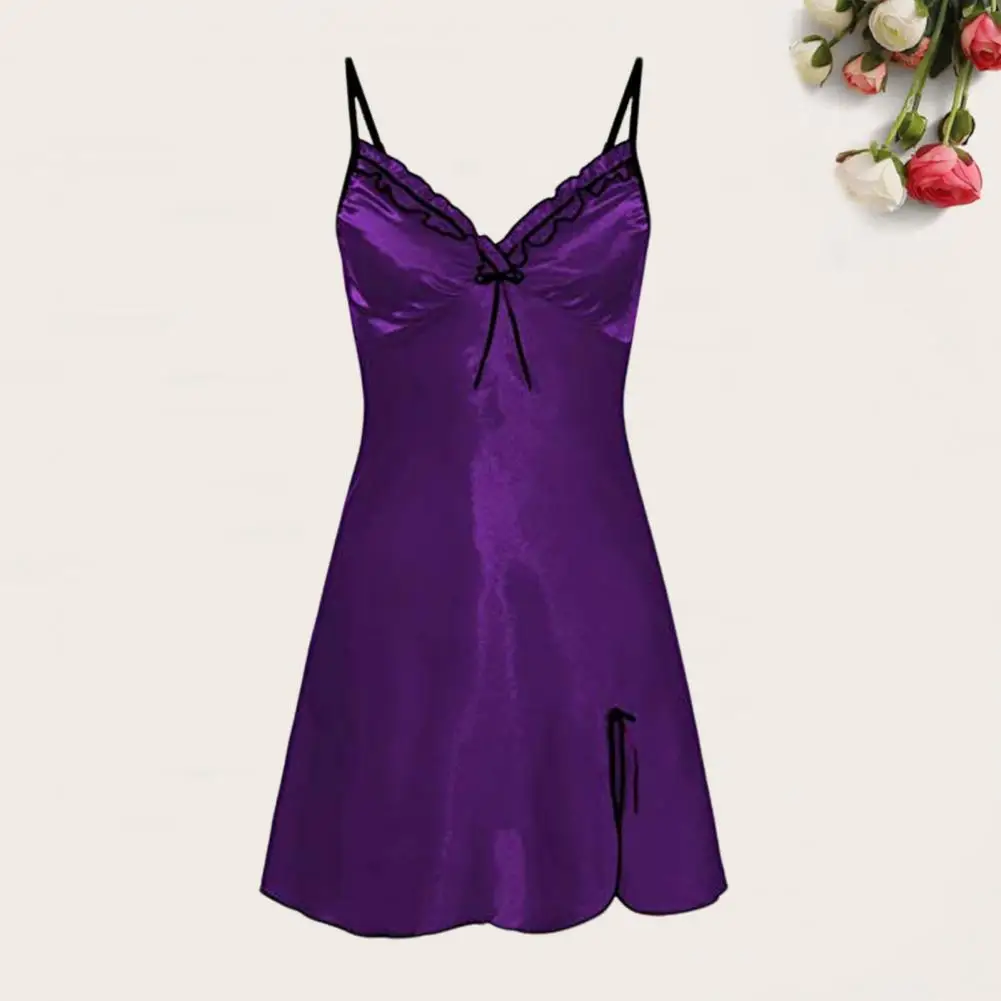 Women Nightdress Lace V Neck Spaghetti Strap A-line Solid Color Bow Decor Backless Satin Smooth Soft Sleepwear Women Nightgown