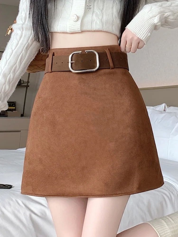 

Женская короткая юбка из бархата под оленью кожу, осенне-зимняя новинка, ретро, с высокой талией, облегающая, А-силуэт, для стильных девушек