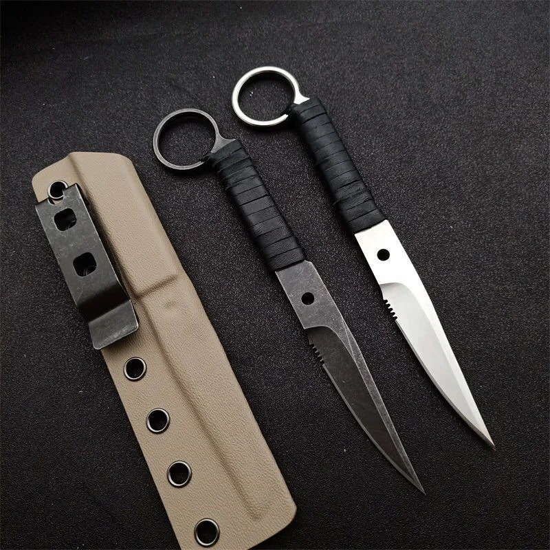 Full Tang Stonewashed Steel Fixed Blade Survival Knife With Pinky Ring, Pu Leather Wrap Handle Tactical EDC Hand Tool W/ Sheath