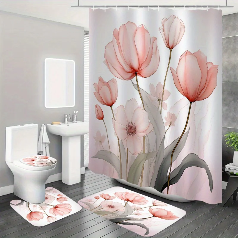 

4шт Розовый цветущий романтический узор украшение для ванной комнаты, полиэфирная ткань, занавеска для душа, коврик для унитаза, нескользящий коврик, U-образный коврик
