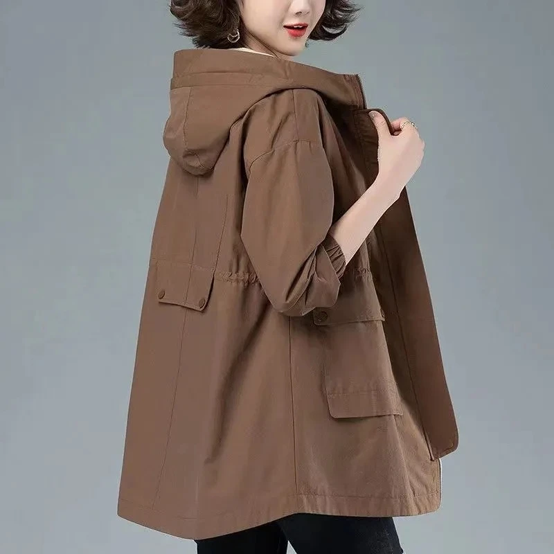 

2023 Women Trench Coat With Hooded Tops Autumn New Coat Long-Sleeved Loose Mid-Length Outerwear Female Windbreaker