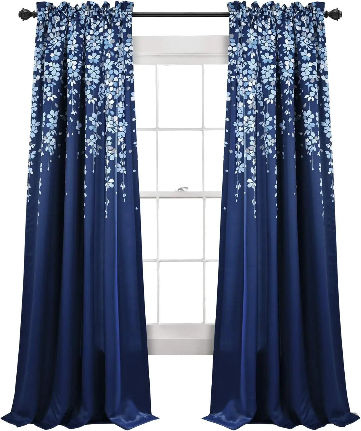 

Современные цветочные шторы, 52 дюйма (ширина) x 84 дюйма (длина) + 2 дюйма (высота карниза), темно-синие - светопропускающие, для гостиной, столовой и спальни