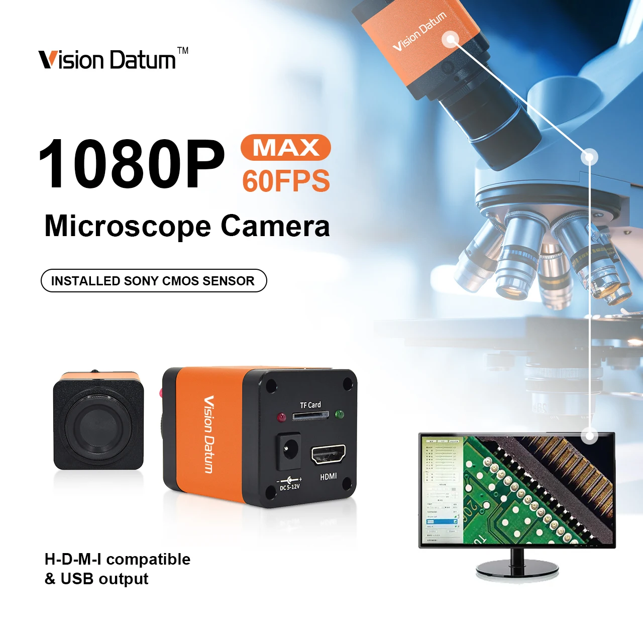 New VisionDatum Nep-HD180-M Machine Vision Camera 2MP 4k Microscope Camera CS C Mount HMDI Digital Camera