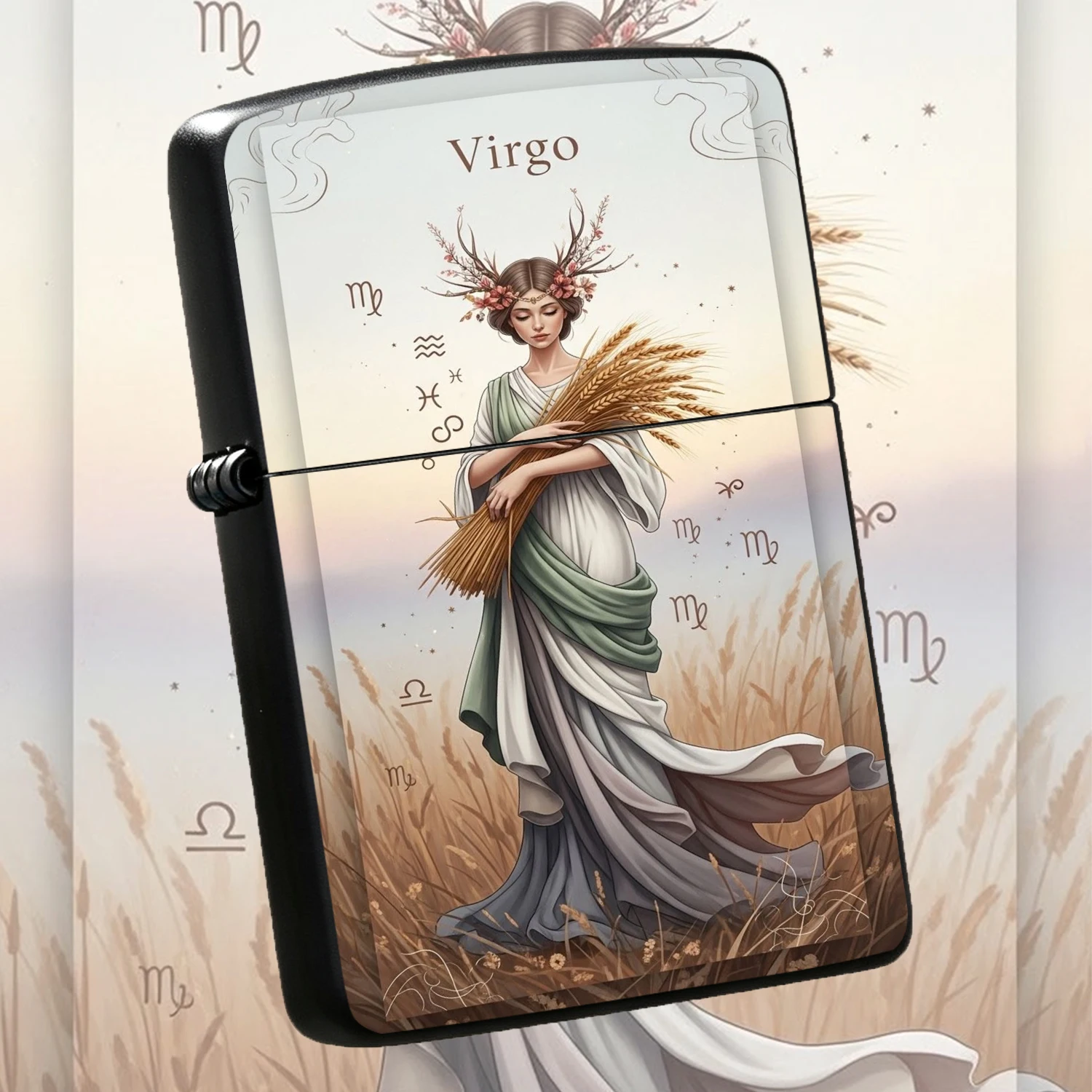 Exquisite Virgo Themed Lighter, Printed With Elegant Illustration Of Harvest Goddess Holding Wheat Ears, Delicate Antler And Floral Decor, Suitable For All Daily Scenarios, Portable Stylish Zodiac Themed Accessory, Ideal As Thoughtful Gift