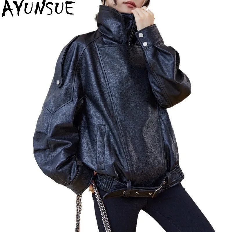 AYUNSUE Echt Leder Jacke Frauen 2025, Schwarz Schaffell Motorrad Jacken Frühling Herbst Kleidung Frauen Lose Fit Jaqueta De Couro