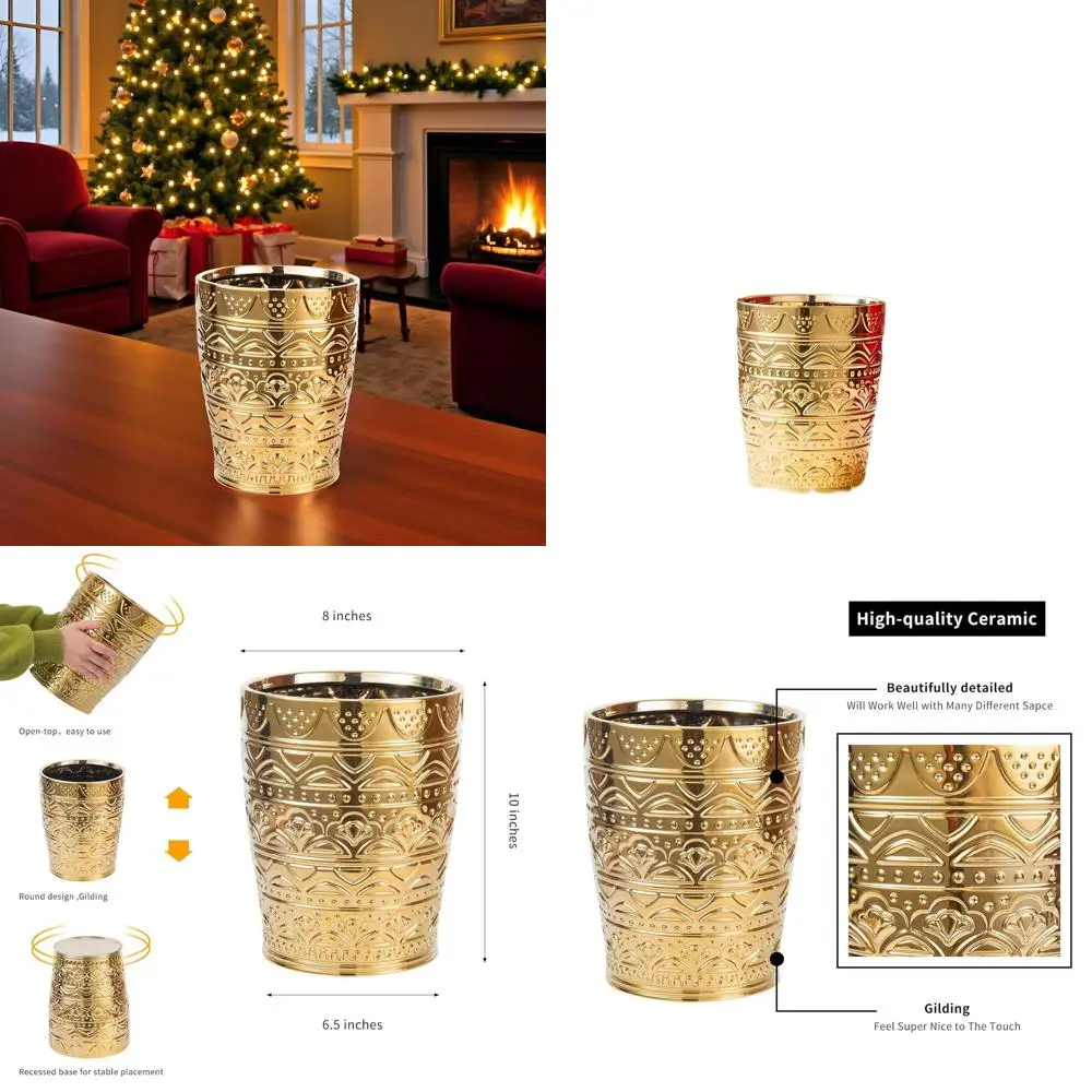 

Gold Ceramic Waste Bin for Small Spaces: Durable Trash Can for Home, Office, and Kitchen