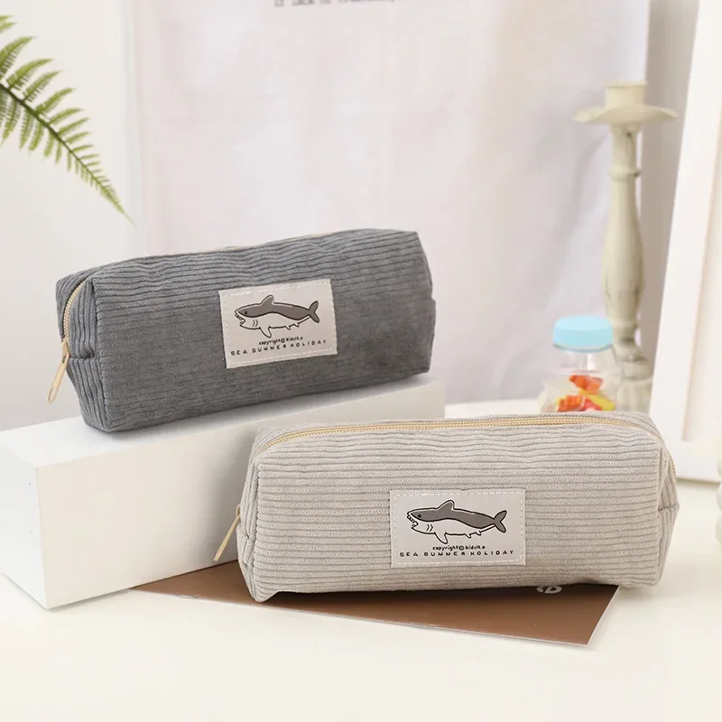 LUSQI Cute Shark Corduroy Pencil Case Unisex Large Capacity Splash-Resistant Stain-Resistant Creative Cartoon Stationery