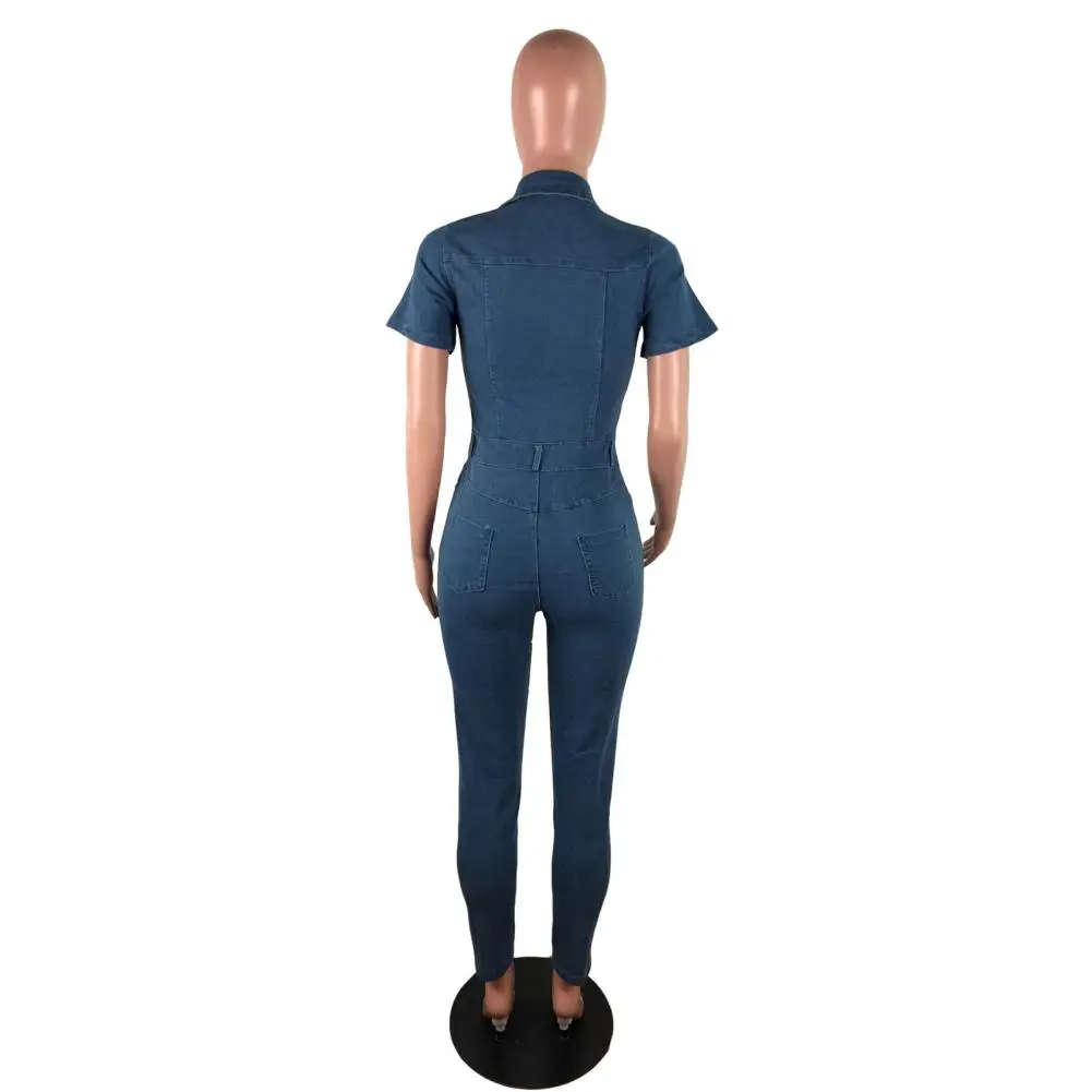 

Fade-resistant Cotton Blend Jumpsuit Stylish Women's Denim Jumpsuits Skinny Stretch Overalls Button Down Slim Fit Rompers for A