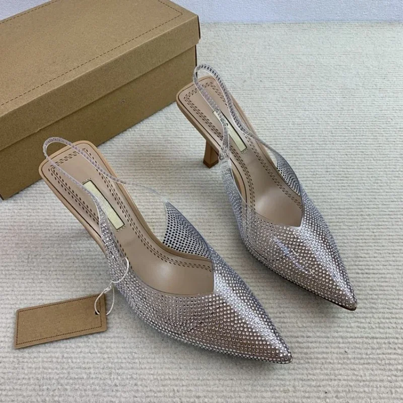 

Super High Heeled Ladies Shoes Pointed Toe Elegant Slingbacks Stiletto Luxury Glitter Rhinestones Party Prom Women's Pumps