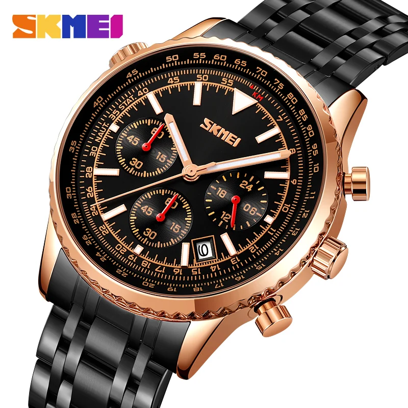 

SKMEI Genuine Gold Case Green Face Rose Gold Blue Face Silver Case Silver Face Stainless Steel Strap Stopwatch Chronograph 9333