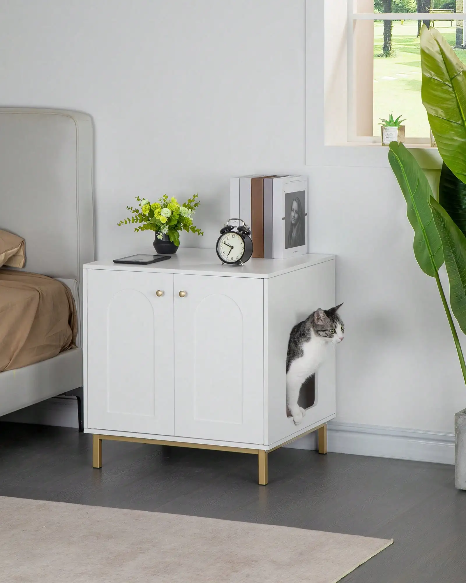 

Wooden Cat Litter Box Enclosure Hidden Pet House Side Table Storage Bench