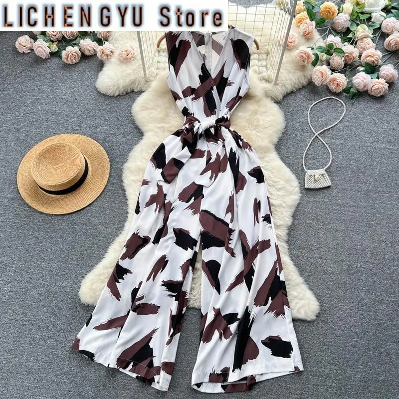 New Elegant Style Chic Jumpsuit Women V-neck High Waist Contrast Color Print Wide Leg Jumpsuits Winter Spring