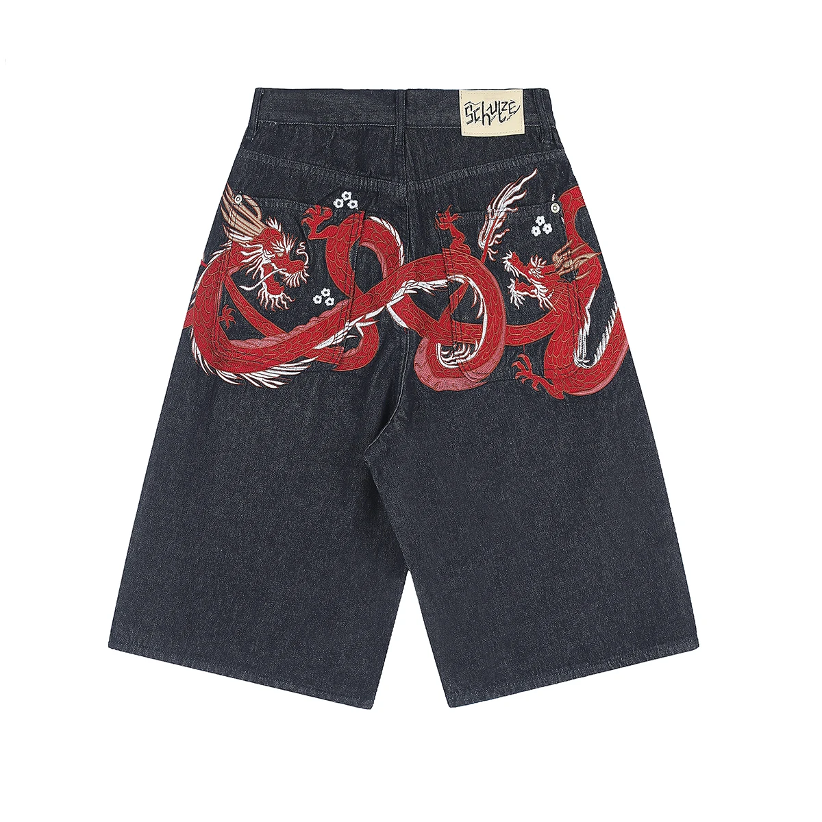 Red Dragon Embroidery Heavy Industry Washed Jeans Shorts for Men and Women Vintage Casual Baggy Denim Shorts