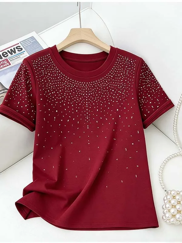 

Chic plus Size Summer T-Shirt round Neck Short Sleeve Women's Fashionable Glittering Korean Style Breathable Skin-Friendly Ca...