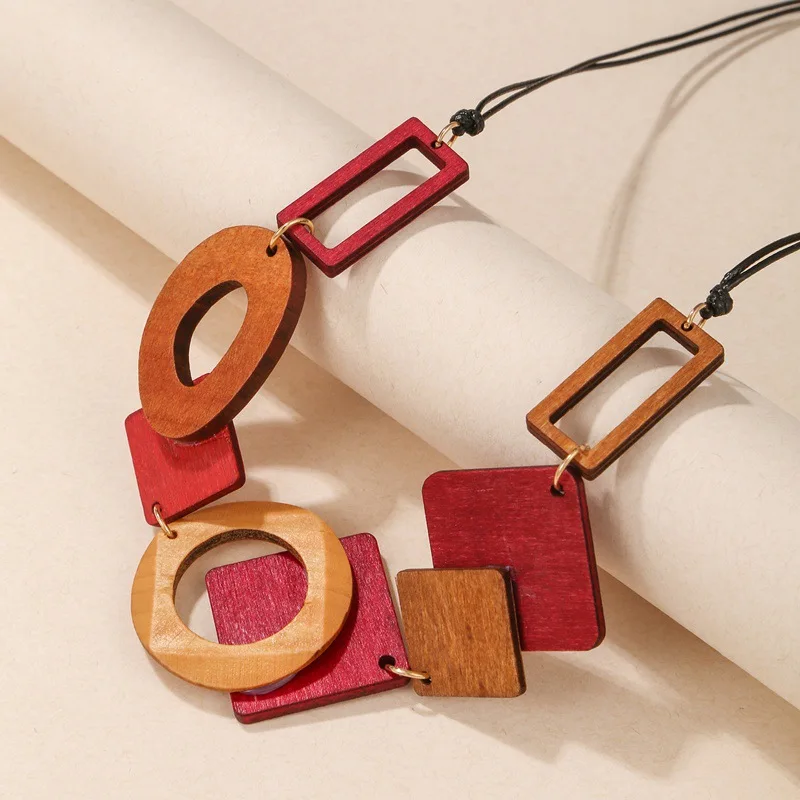 Boho Vintage Multicolour Wooden Geometric Bib Necklace for Women 2023 New Handmade Maxi Necklaces Ethnic Statement Neck Jewelry