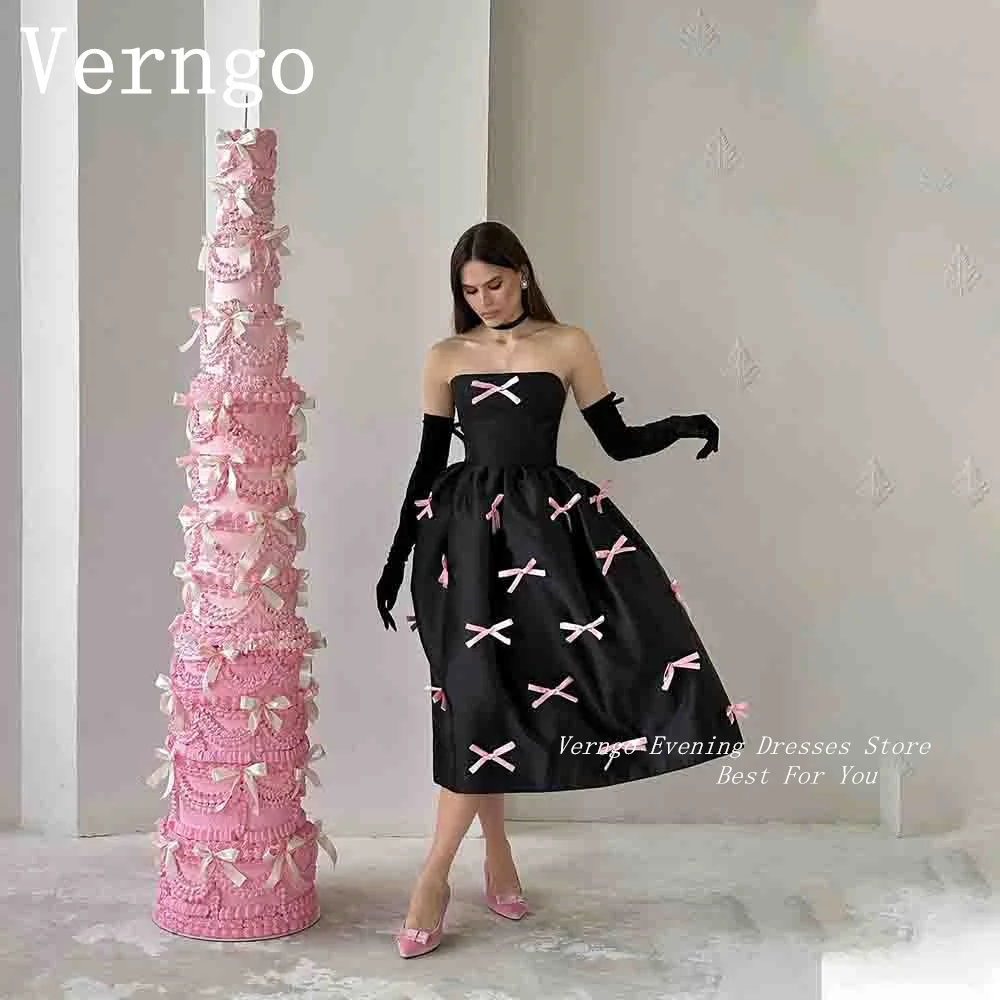 Verngo Black Satin Prom Gowns For Women Strapless A Line Birthday Party Dress Bow Contrast Color Evening Dress Without Gloves