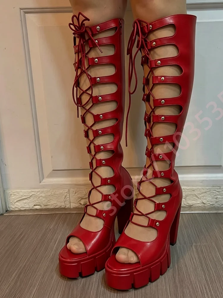 Women Hollow Out Knee High Platform Boots Peep Toe Lace Up Chunky Heel Boots Gothic Punk Rivet Cutout Tall Boots for Party Club