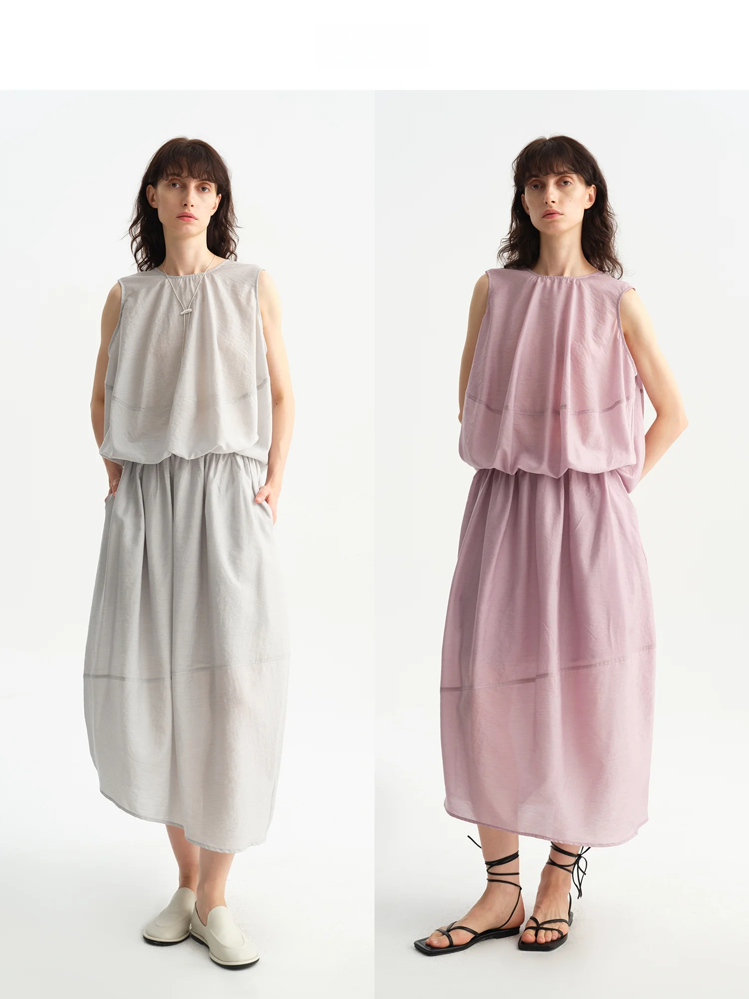 Shiny round Neck Drapey Balloon Sleeveless Flower Bud Vest Women's Slim Fit H-Shape Top Outerwear Thin Regular Length Summer