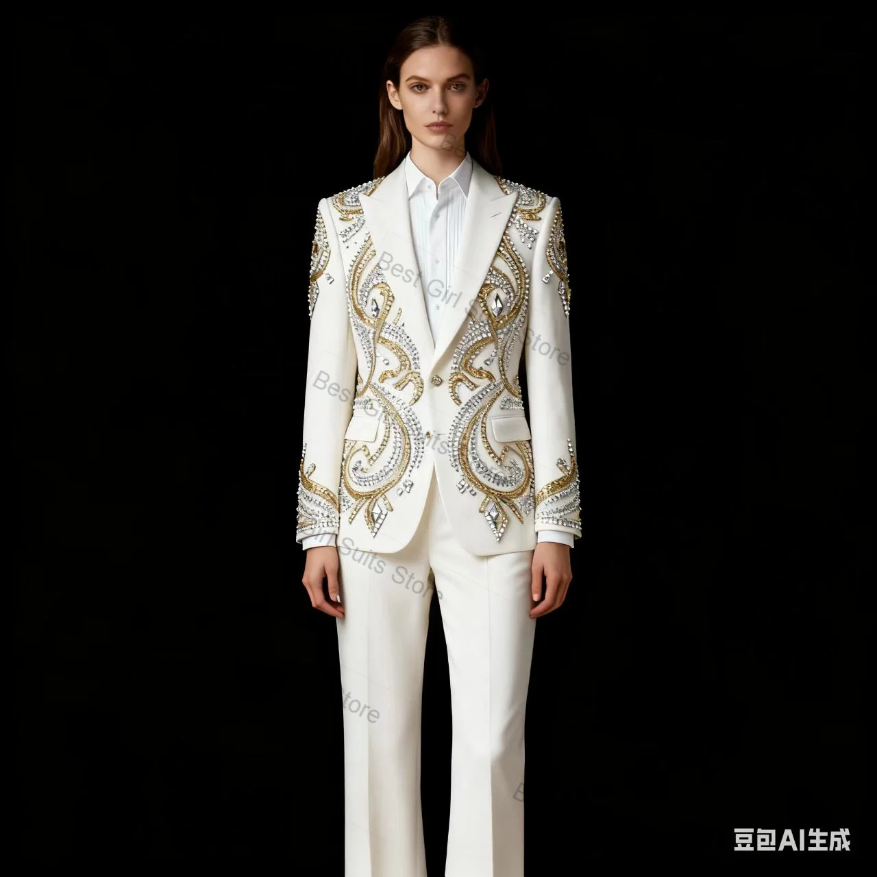 

White Crystals Women Suit Set 2 Piece Blazer+Pants Trousers Cotton Formal Office Lady Jacket Customized Prom Wedding Coat