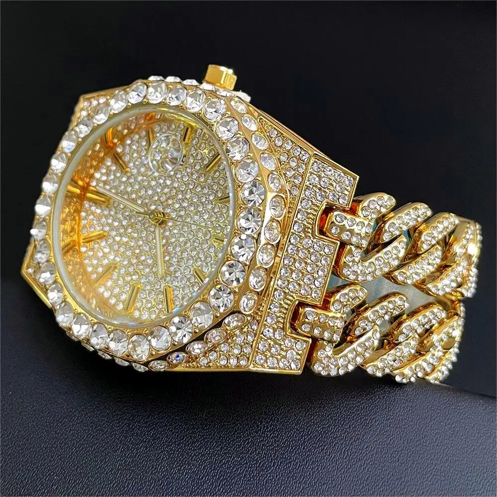 2024 Fashion Iced Out Watches Men Luxury Stainless Steel Golden Quartz Wristwatch Hip Hop Diamond Jewelry Watch Man Reloj Hombre