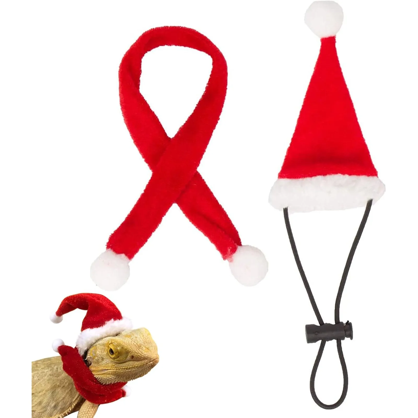 

Bearded Dragon Santa Hat and Scarf Set Lizard Reptile Christmas Costume with Adjustable Elastic Chin Strap, Christmas Gift