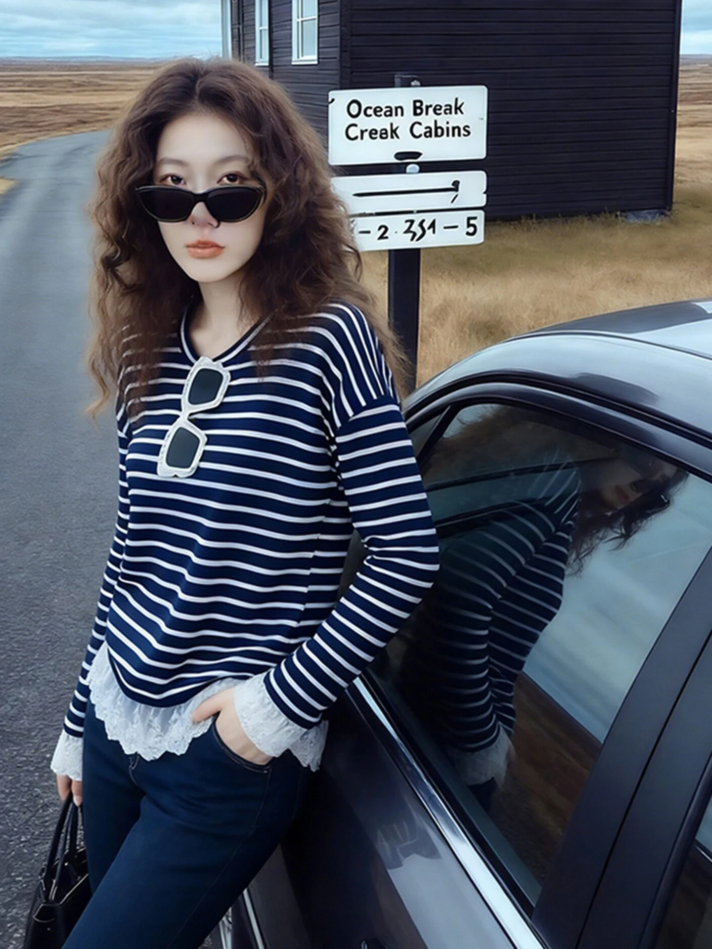 Loose Fit Striped round Neck T-Shirt Color Block Design Mesh Paneling Slimming Effect Spring Autumn Women's Fashion Top