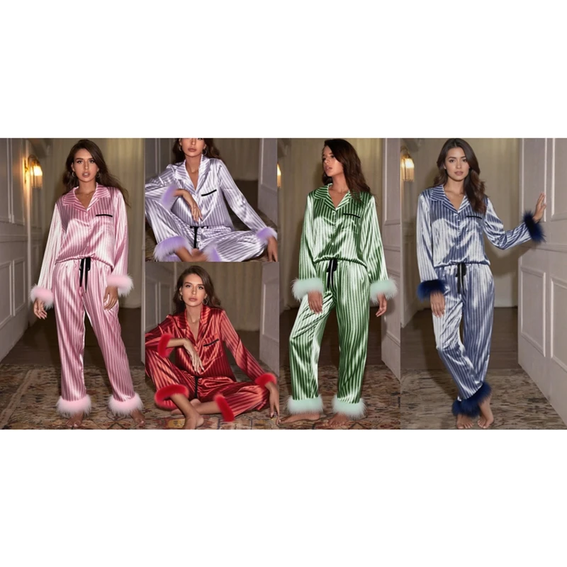 

Combhasaki Womens Satin Silk Christmas Pajamas Set Striped Long Sleeve Button-up Sleepwear 2Piece Pants Fuzzy Plush Cuff Pjs Set