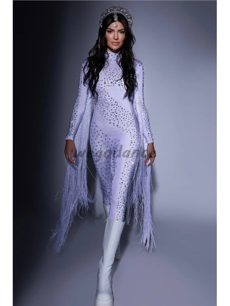 Sexy Tassel Rhinestones Jumpsuit For Women Long Singer Performance Costumes