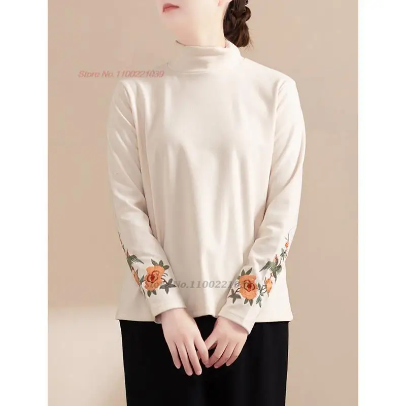 2025 national flower embroidery t-shirt women vintage hanfu tops chinese fleece lined shirt oriental stand collar base shirt