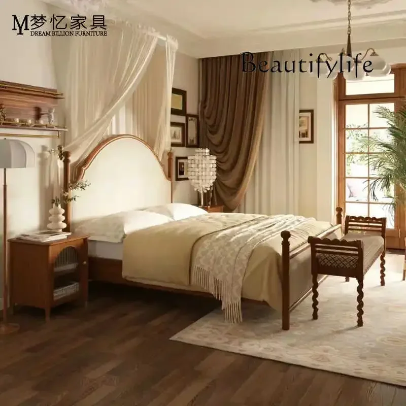 N42 French retro bread bridge bed solid wood fabric double bed bedroom 1.8 meters large bed pastoral high-end