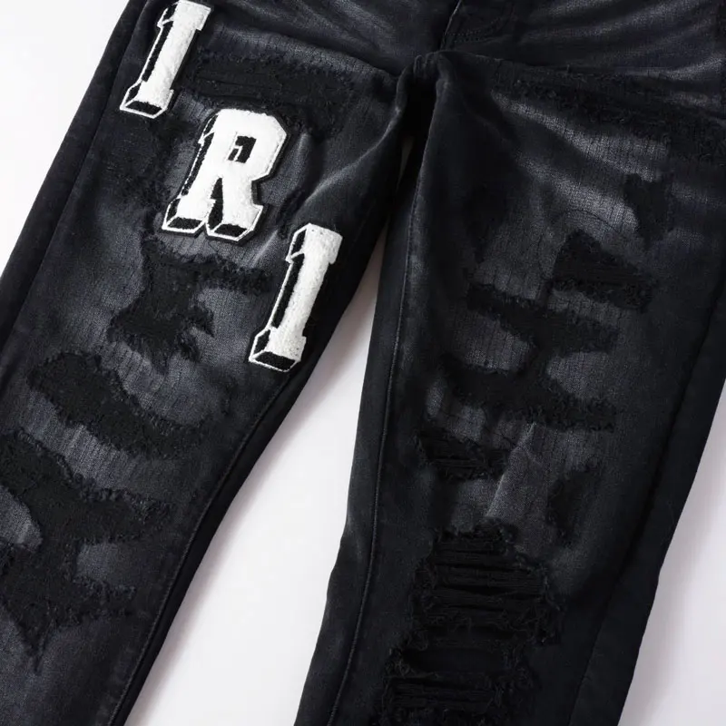 High Street Fashion Men's Jeans Retro Black Stretch Slim fit Ripple Jeans Men's Designer Hip Hop Brand Pants Hombre