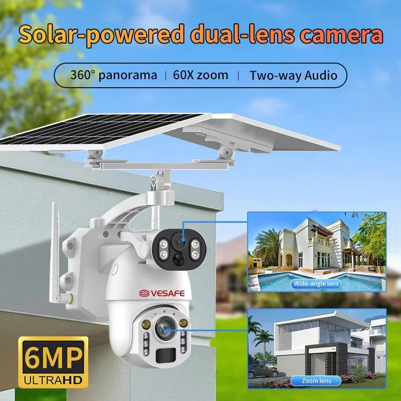 

VESAFE Outdoor Dual Lens 4g Sim Card Camera PTZ 6MP 60X ZOOM Solar Panel 12w 2 Pir Cctv Network Security Cameras