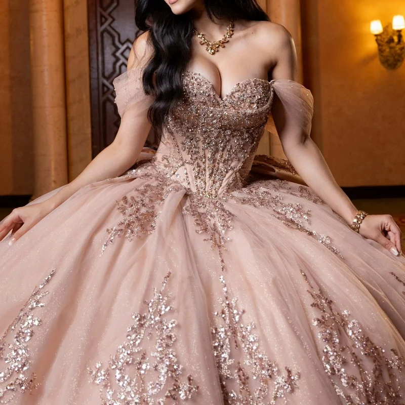 

Rose Pink Quinceanera Dresses Off the Shoulder Crystal Sequins Decal Long tail Bow Vestido De 15 Quinceanera Customize