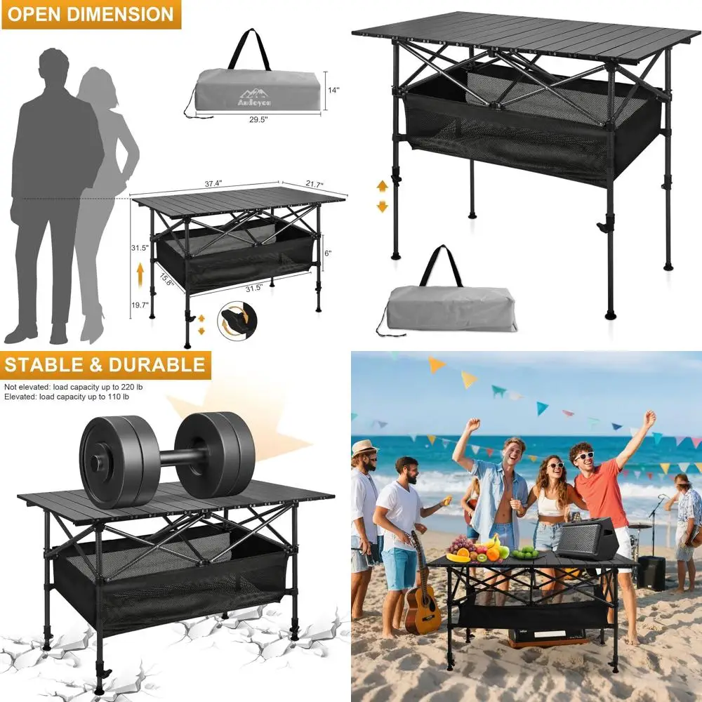 

Height-Adjustable Portable Outdoor Camping Table with Mesh Storage, Suitable for Grilling, Picnics, Parties, and Beach Use (Ash
