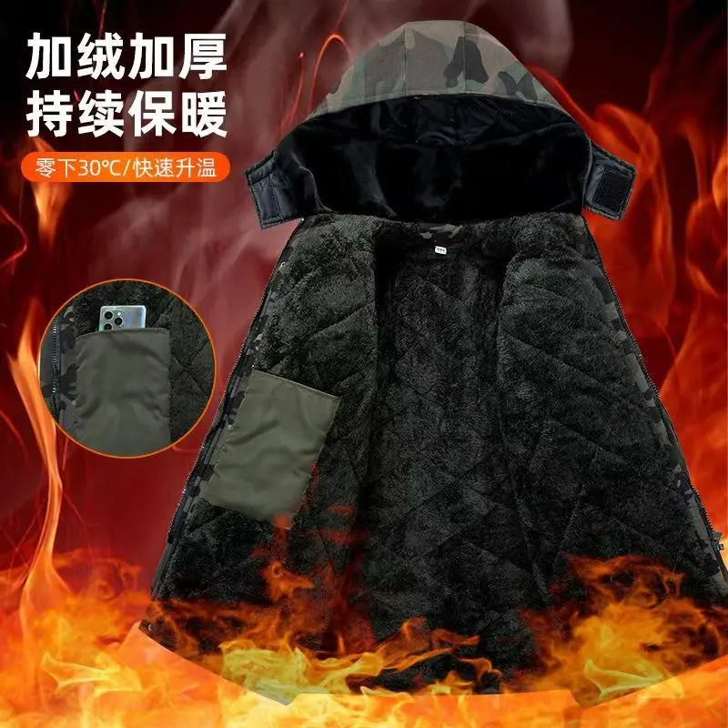 Winter Cargo Zip Up Camouflage Jacket Men Thicken Warm Parkas Hooded Cotton Clothes Fashion Wool Liner Coat