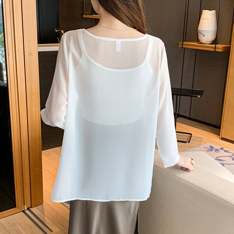 Spring Summer See Through Sunscreen Clothing Women Shirt Chiffon Blouse Solid Color Loose Irregular Long sleeved Top Black White