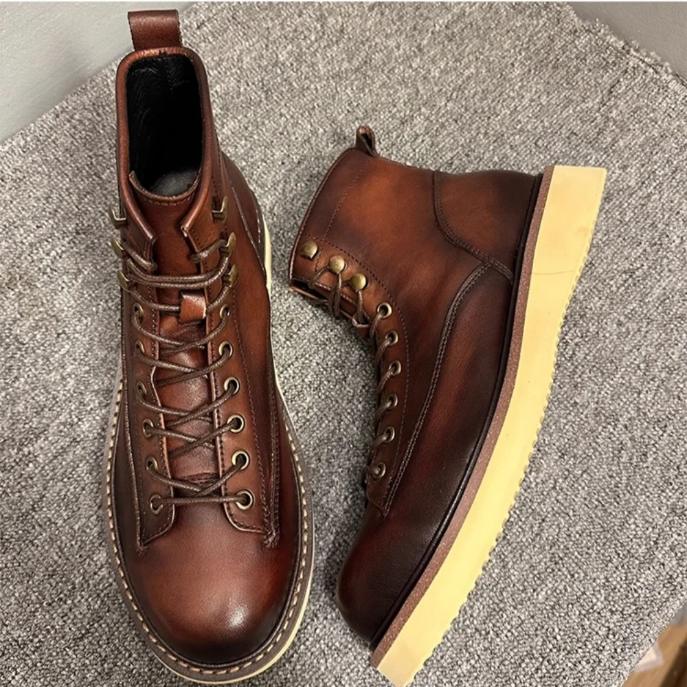 

QHCCID Handmade Retro Horsehide Men's Boots Winter and Spring Add Short Plush Warm Motorcycle Boots Paratrooper Boots Men's