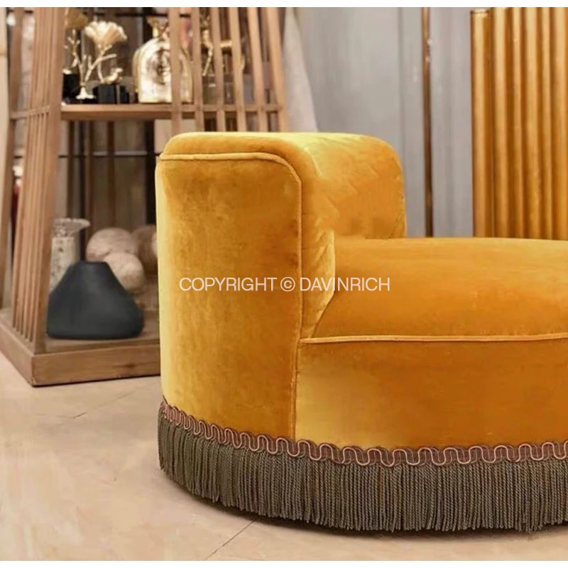 DAVINRICH kurkuma żółta aksamitna pojedyncza Sofa z frędzlami Luxe Retro Design krótki okrągły fotel Loveseat do salonu Saloon