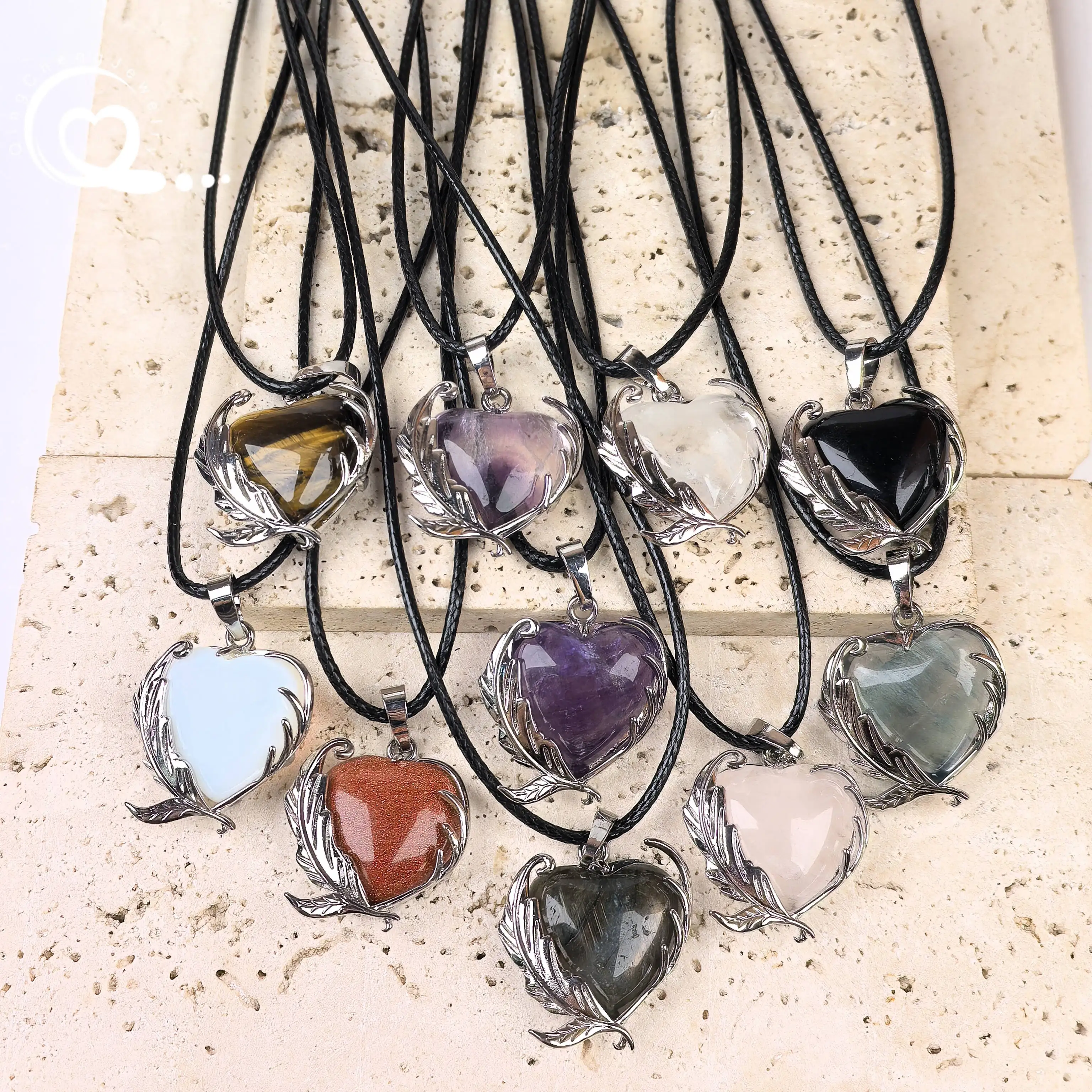 

Natural Gemstone Heart Pendant Necklace Tiger eye Amethyst Obsidian Fluorite Opalite Healing Crystal Charms Jewelry QC3426
