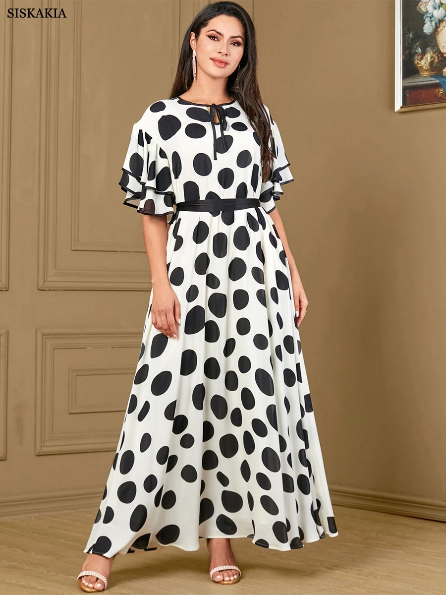 Sisikakia Fashion Polka Dot Ruffles Sleeve Long Dress With Belt For Arab Woman A-line Muslim Moroccan Elegant Casual Abayas 2024