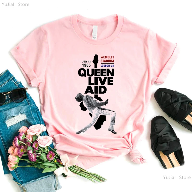 Vintage Tshirt Girls The Queen Band Freddie Mercury Graphic Print T Shirt Women Pink/White/Gray/Green/Yellow T-Shirt Female