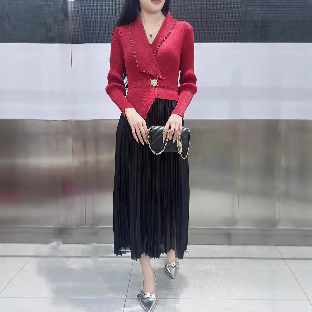 

Miyake Style Pleated Dress for Women 2025 New Solid Color Fake Two-piece Bead Suit Collar Long Sleeve Loose Pleated Skirt